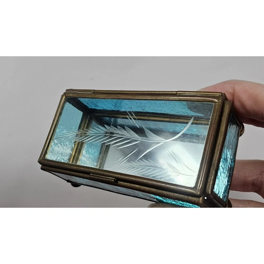 Vtg Brass & Etched Blue Glass Jewelry Trinket Box Footed Mirrored Made In Mexico